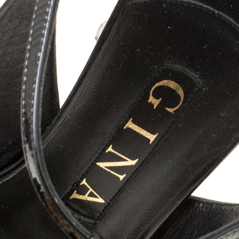 Gina Black Patent Leather Crystal Embellished Platform Sandals Size 37 2