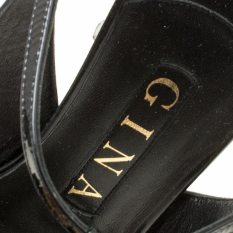 Gina - Sandales à plateforme en cuir verni noir avec ornements en cristal - Taille 37 en vente 2