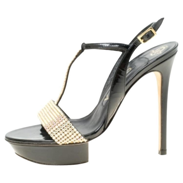 Gina - Sandales à plateforme en cuir verni noir avec ornements en cristal - Taille 37 en vente