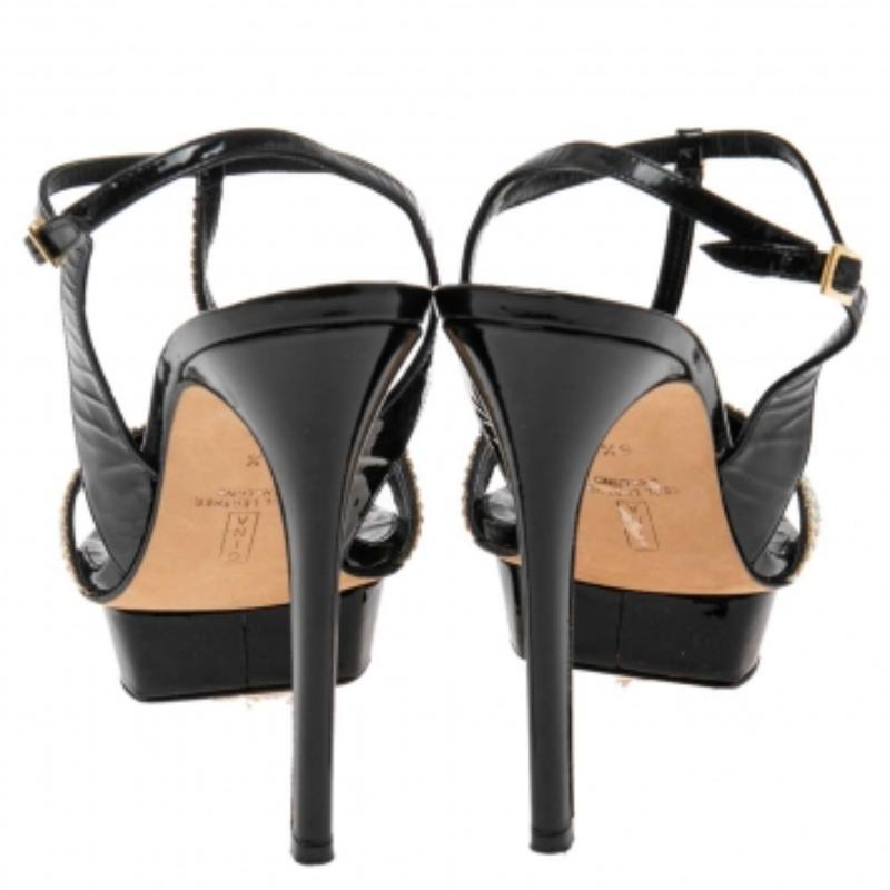 De las mujeres Gina Sandalias con tiras en T de charol negro con adornos de cristal talla 39.5 en venta