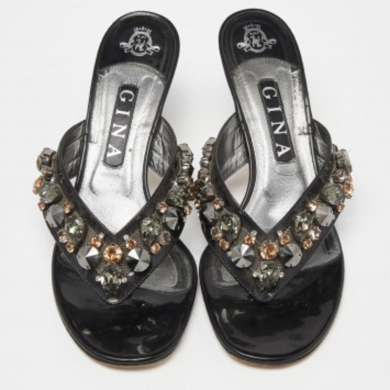 De las mujeres Gina Sandalias negras de charol con adornos de cristal 39.5
