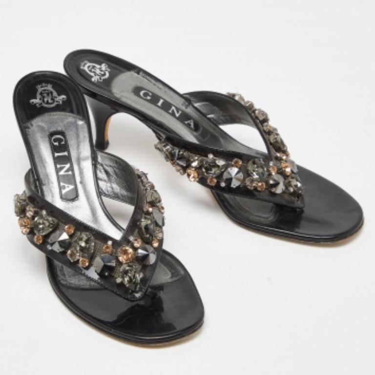 Gina Sandalias negras de charol con adornos de cristal 39.5 2