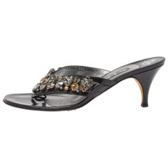 Gina Black Patent Leather Crystal Embellished Thong Slide Sandals 39.5