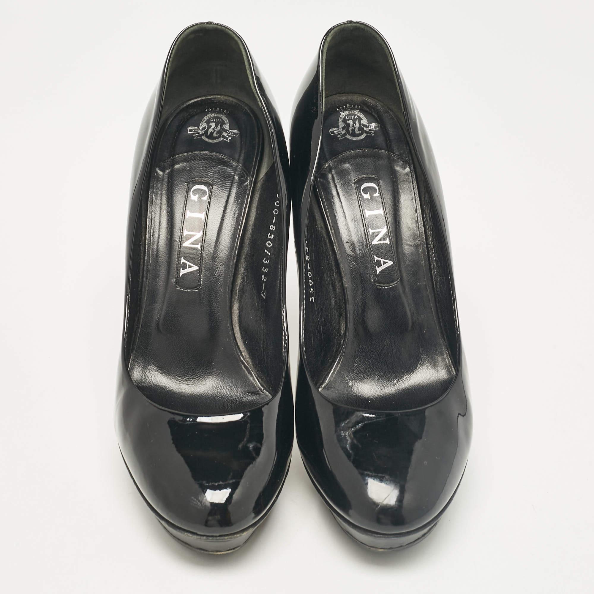 Gina Black Patent Leather Platform Pumps Size 40 In Fair Condition For Sale In Dubai, Al Qouz 2