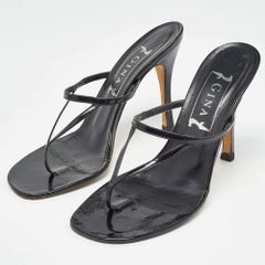 Gina Black Patent Leather Thong Slide Sandals Size 39
