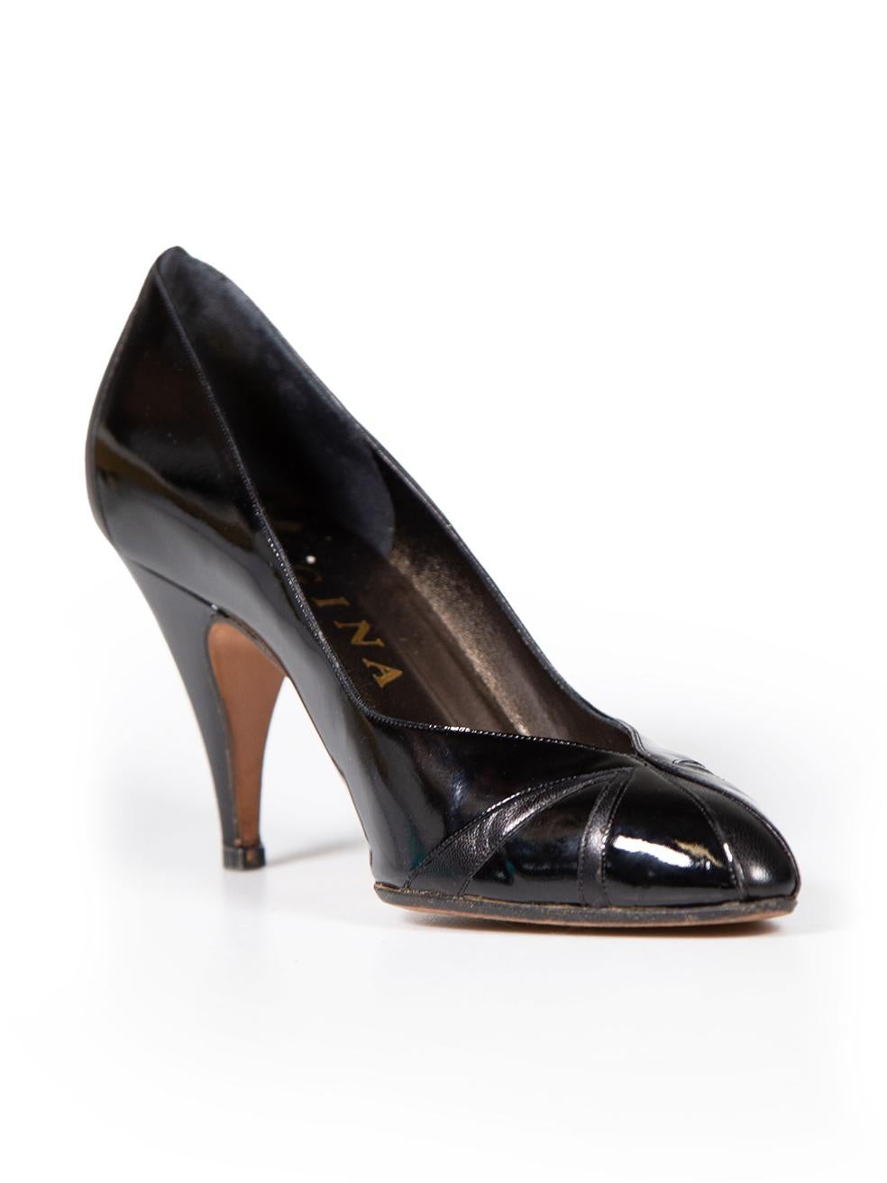 CONDITION is Very good. Minimal wear to shoes is evident. Minimal wear to the soles with abrasions on this used Gina designer resale item. These shoes come with original box.
 
 
 
 Details
 
 
 Black
 
 Patent leather
 
 Pumps
 
 Point toe
 
 Mid