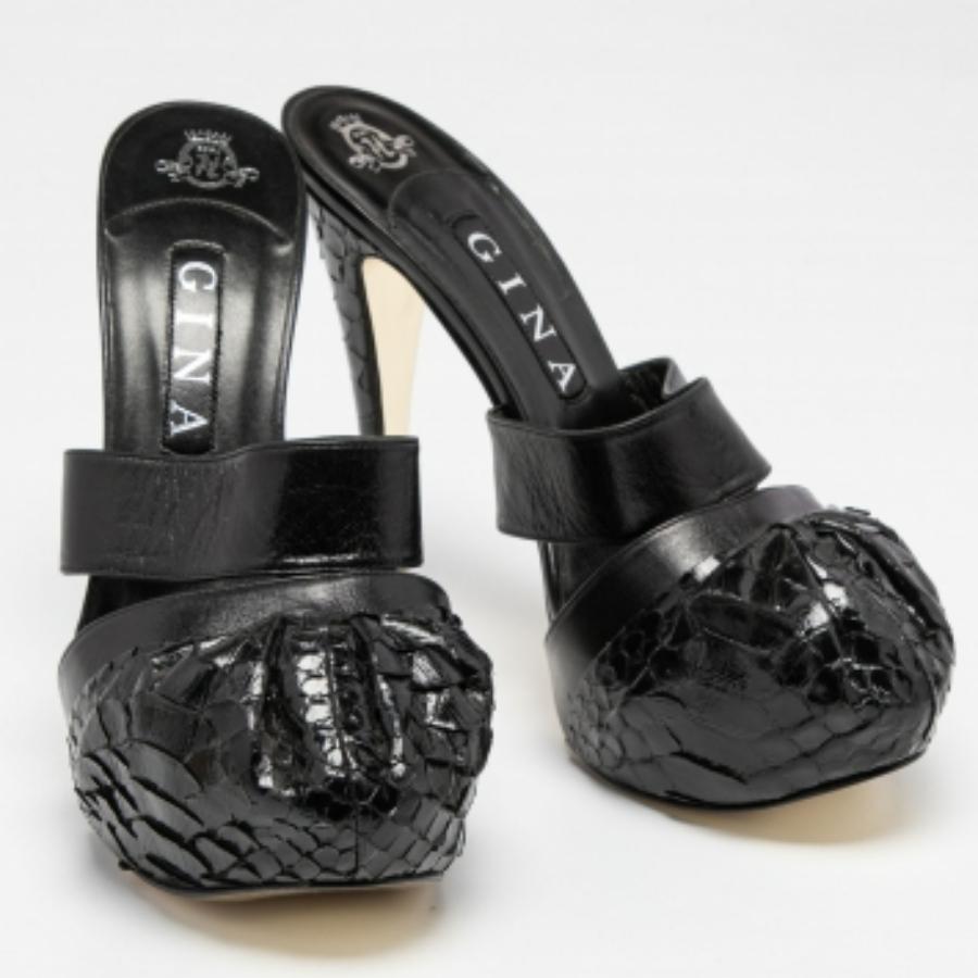 Gina Black Python and Leather Cap Toe Platform Sandals Size 40 For Sale 4