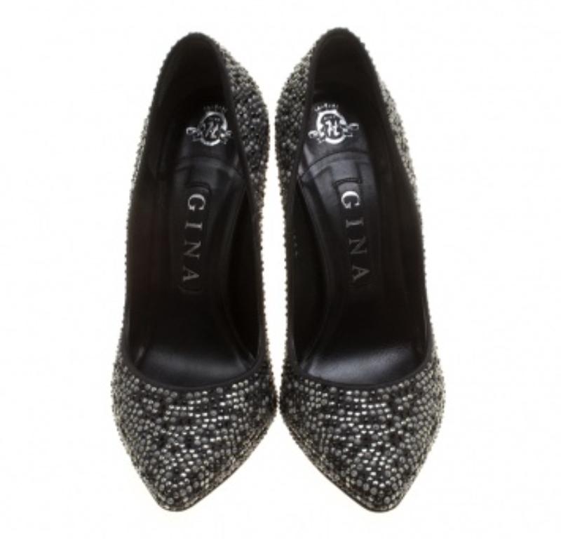 Gina - Escarpins en satin noir avec ornements en cristal - Taille 38 en vente 2