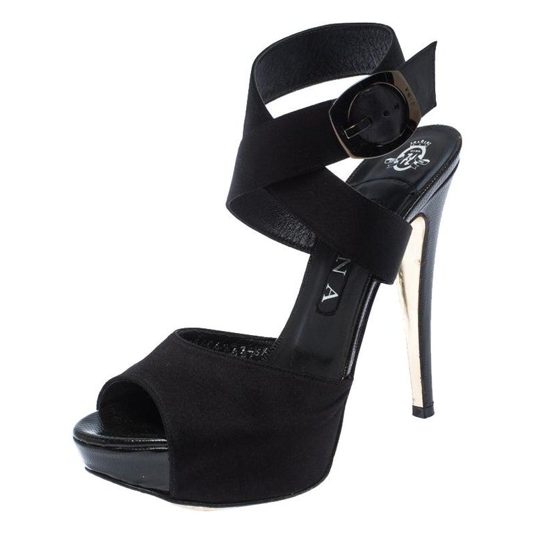 Gina Black Satin And Embossed Patent Leather Ankle Wrap Platform