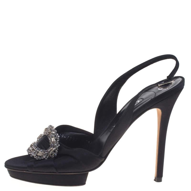 Noir Gina Black Satin Brooch Embellished Slingback Sandals Size 39.5