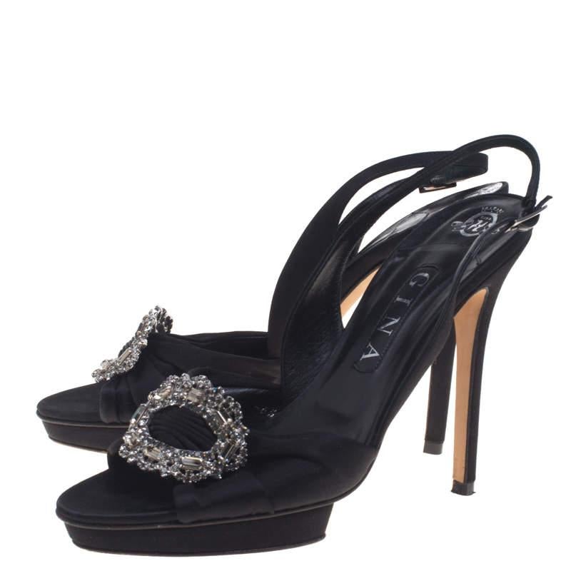 Women's Gina Black Satin Brooch Embellished Slingback Sandals Size 39.5 For Sale