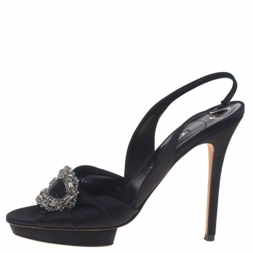 Gina Black Satin Brooch Embellished Slingback Sandals Size 39.5 1