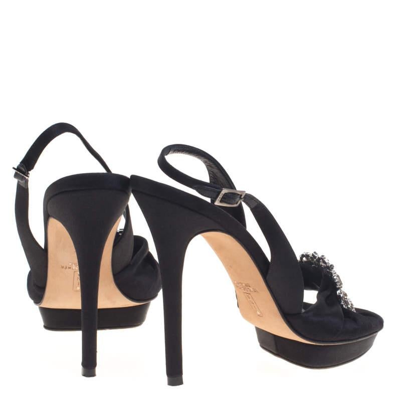 Gina Black Satin Brooch Embellished Slingback Sandals Size 39.5 For Sale 1