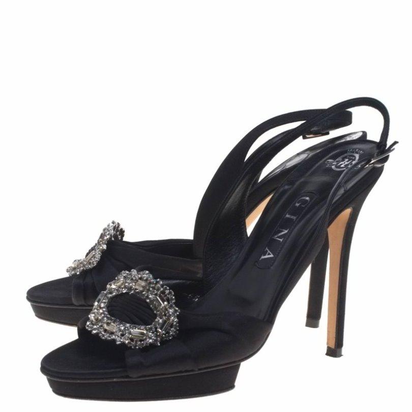 Gina Black Satin Brooch Embellished Slingback Sandals Size 39.5 3