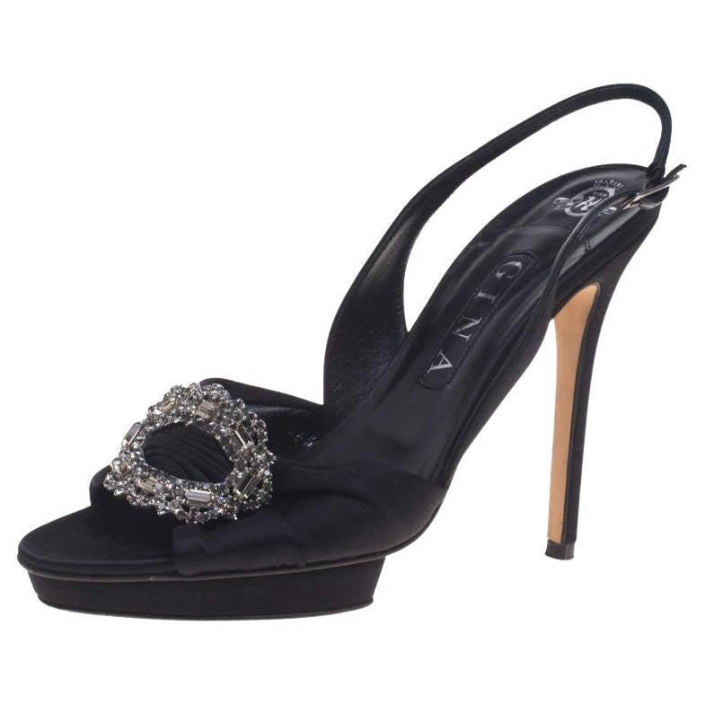 Gina Black Satin Brooch Embellished Slingback Sandals Size 39.5 For Sale