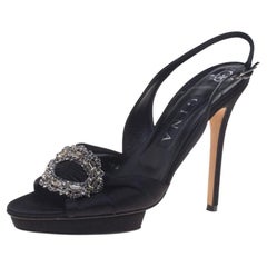 Gina Black Satin Brooch Embellished Slingback Sandals Size 39.5