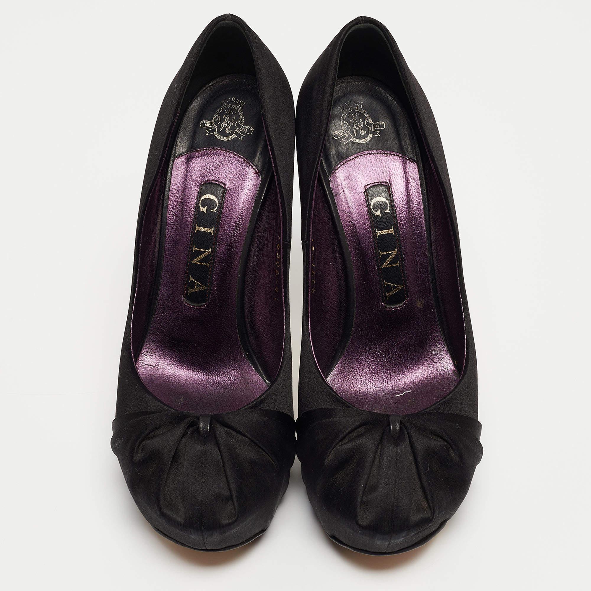 Gina Black Satin Claire Platform Pumps Size 37.5 In Good Condition For Sale In Dubai, Al Qouz 2