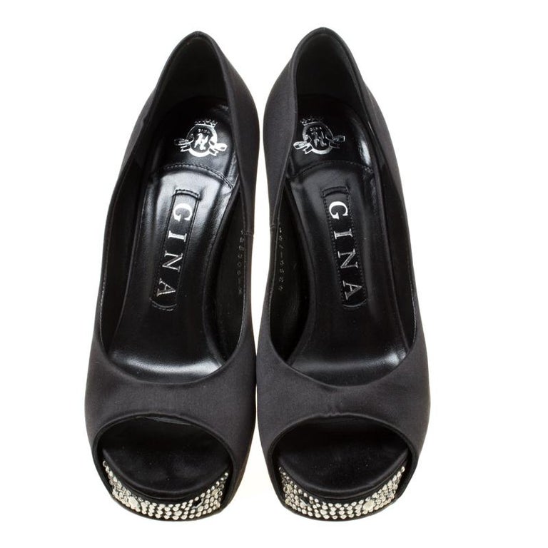Gina Black Satin Crystal Embellished Peep Toe Platform Pumps Size 37 ...