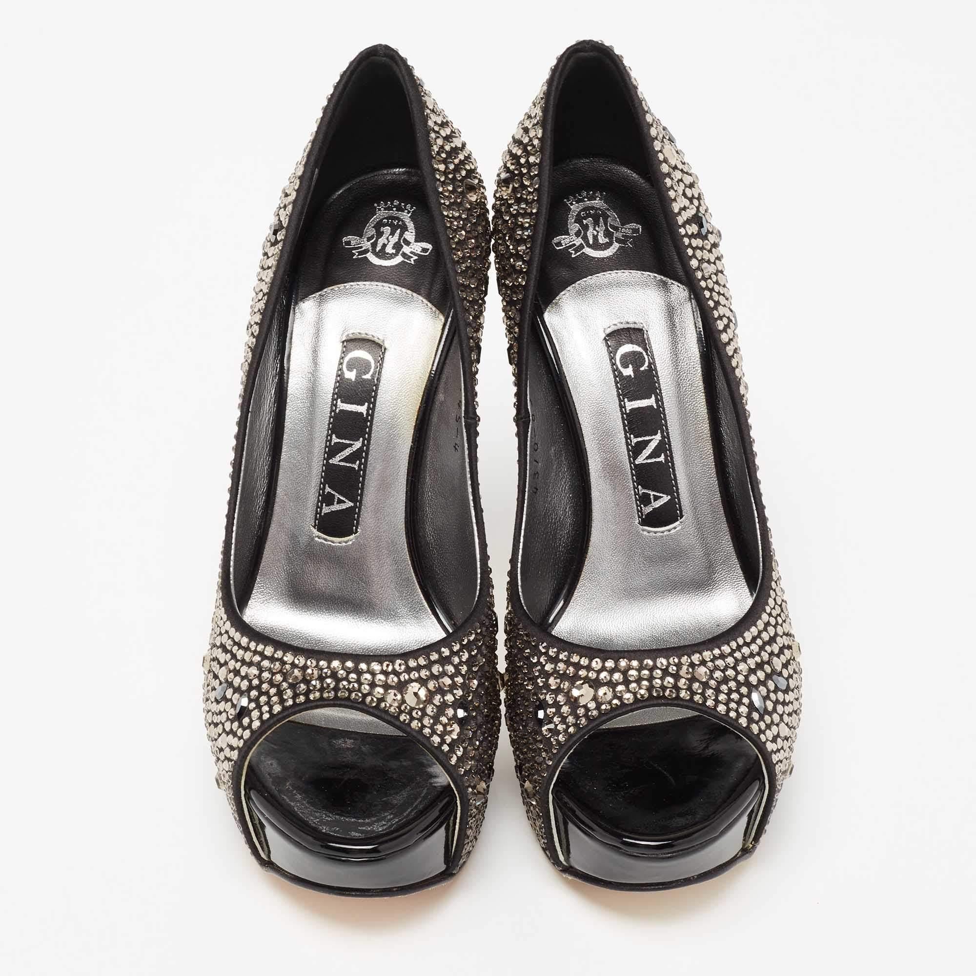 Women's Gina Black Satin Crystal Embellished Peep-Toe Platform Pumps Size 37 For Sale