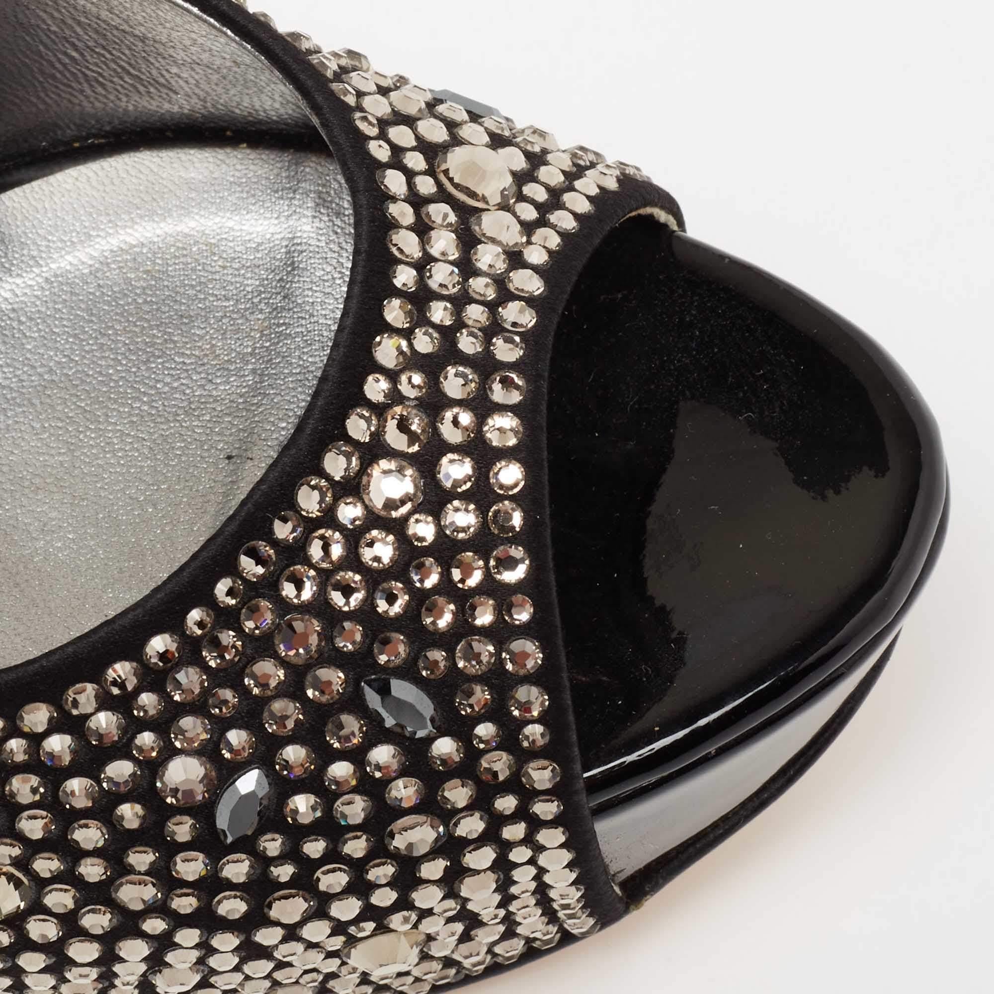 Gina Black Satin Crystal Embellished Peep-Toe Platform Pumps Size 37 For Sale 2