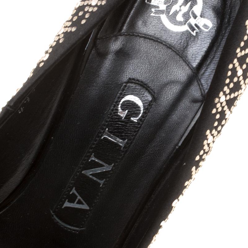 Gina Black Satin Crystal Embellished Peep Toe Platform Pumps Size 37 3