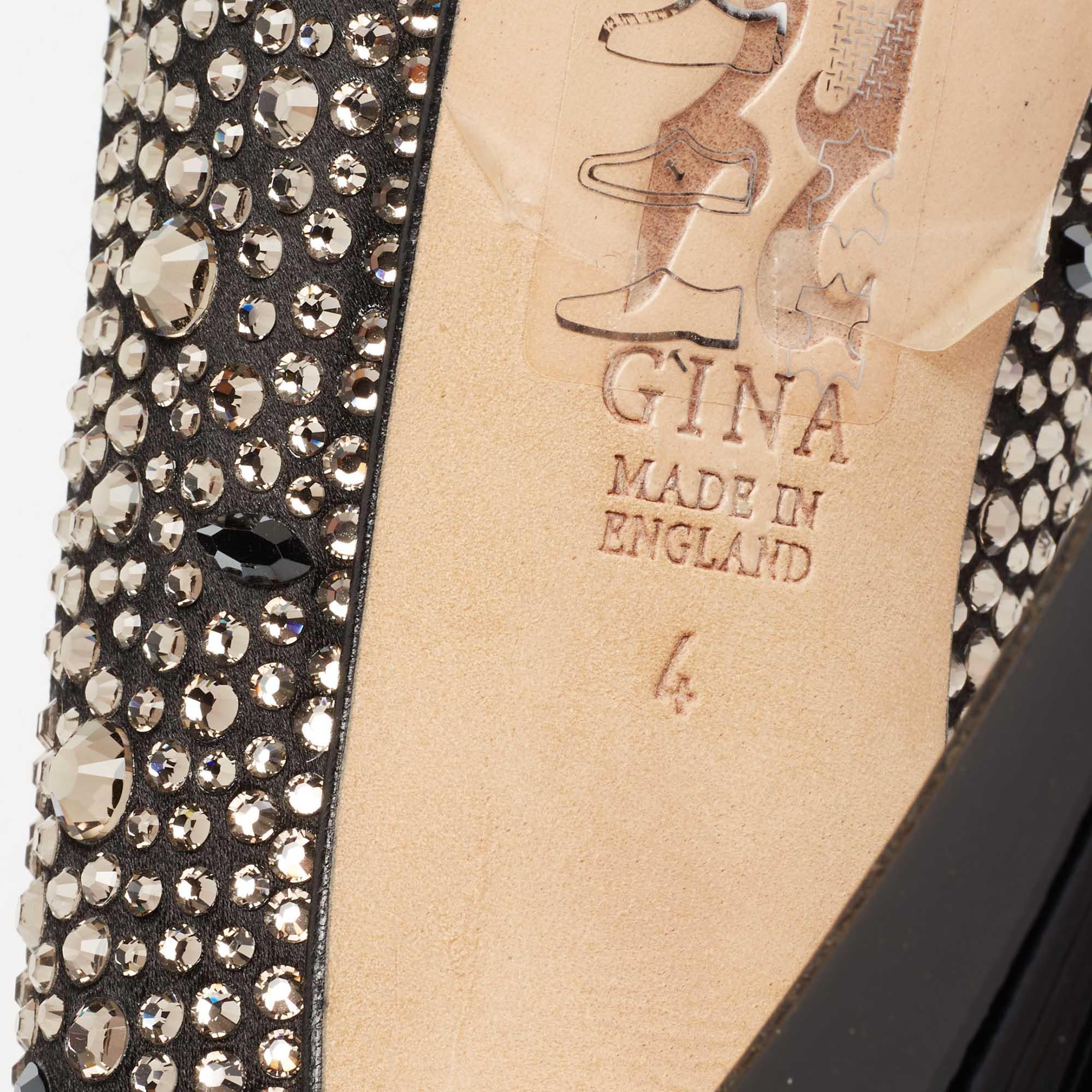 Gina Black Satin Crystal Embellished Peep-Toe Platform Pumps Size 37 For Sale 3