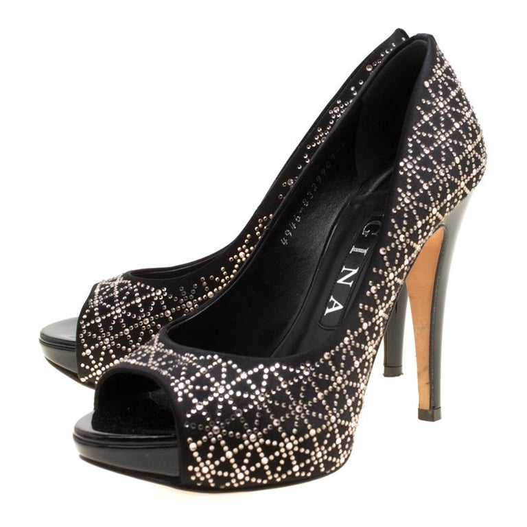 GINA Black Satin Crystal Embellished Peep Toe Platform Pumps