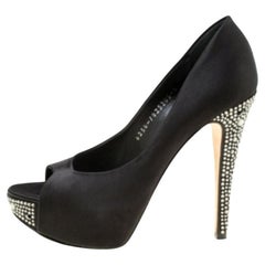 Gina Black Satin Crystal Embellished Peep Toe Platform Pumps Size 37