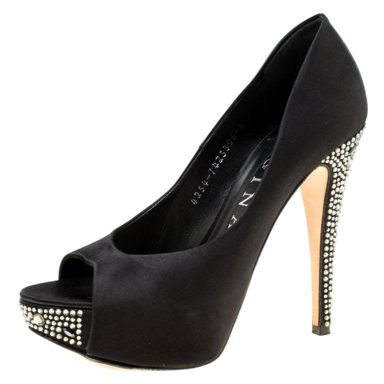 Gina Black Satin Crystal Embellished Peep Toe Platform Pumps Size 37 For Sale