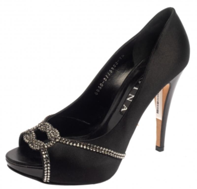 Women's Gina Black Satin Crystal Embellished Platform Peep Toe Pumps Size 40.5 For Sale
