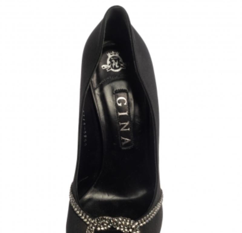 Gina Black Satin Crystal Embellished Platform Peep Toe Pumps Size 40.5 For Sale 1