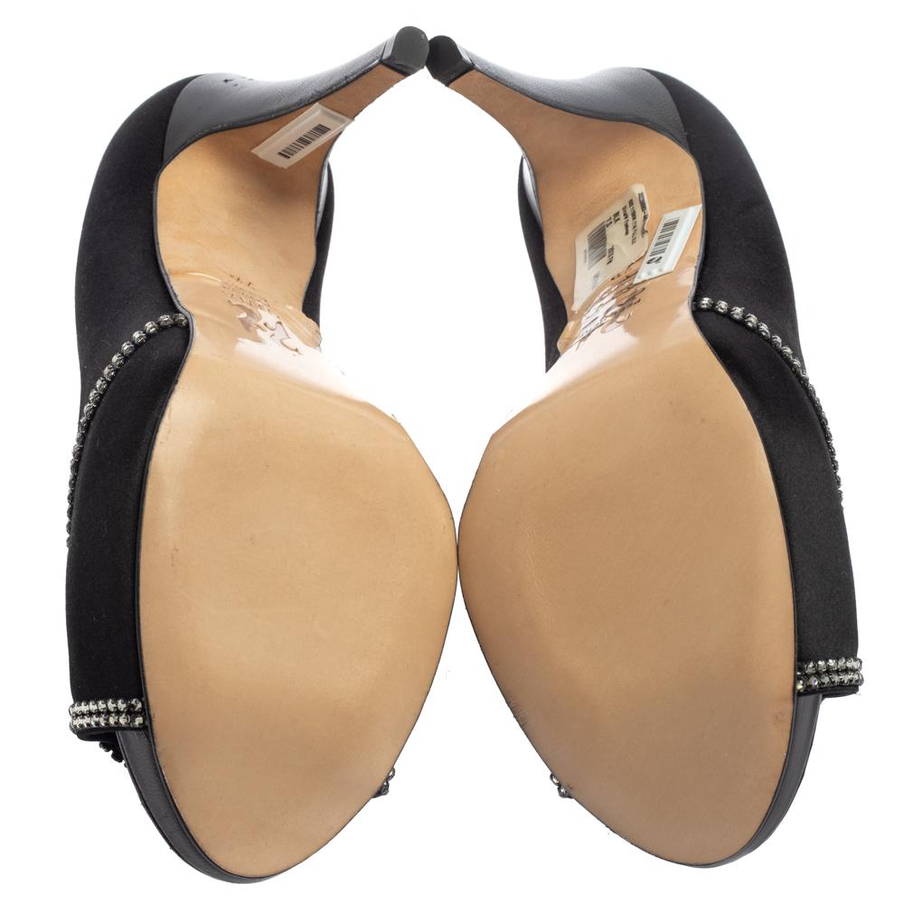 Women's Gina Black Satin Crystal Embellished Platform Peep Toe Pumps Size 40.5 For Sale
