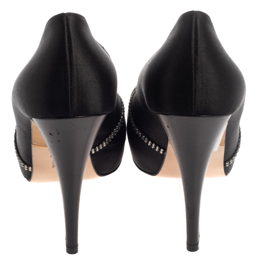 Gina Black Satin Crystal Embellished Platform Peep Toe Pumps Size 40.5 For Sale 1