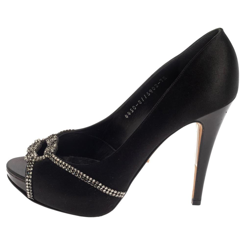 Gina Black Satin Crystal Embellished Slingback Sandals Size 37 For Sale ...