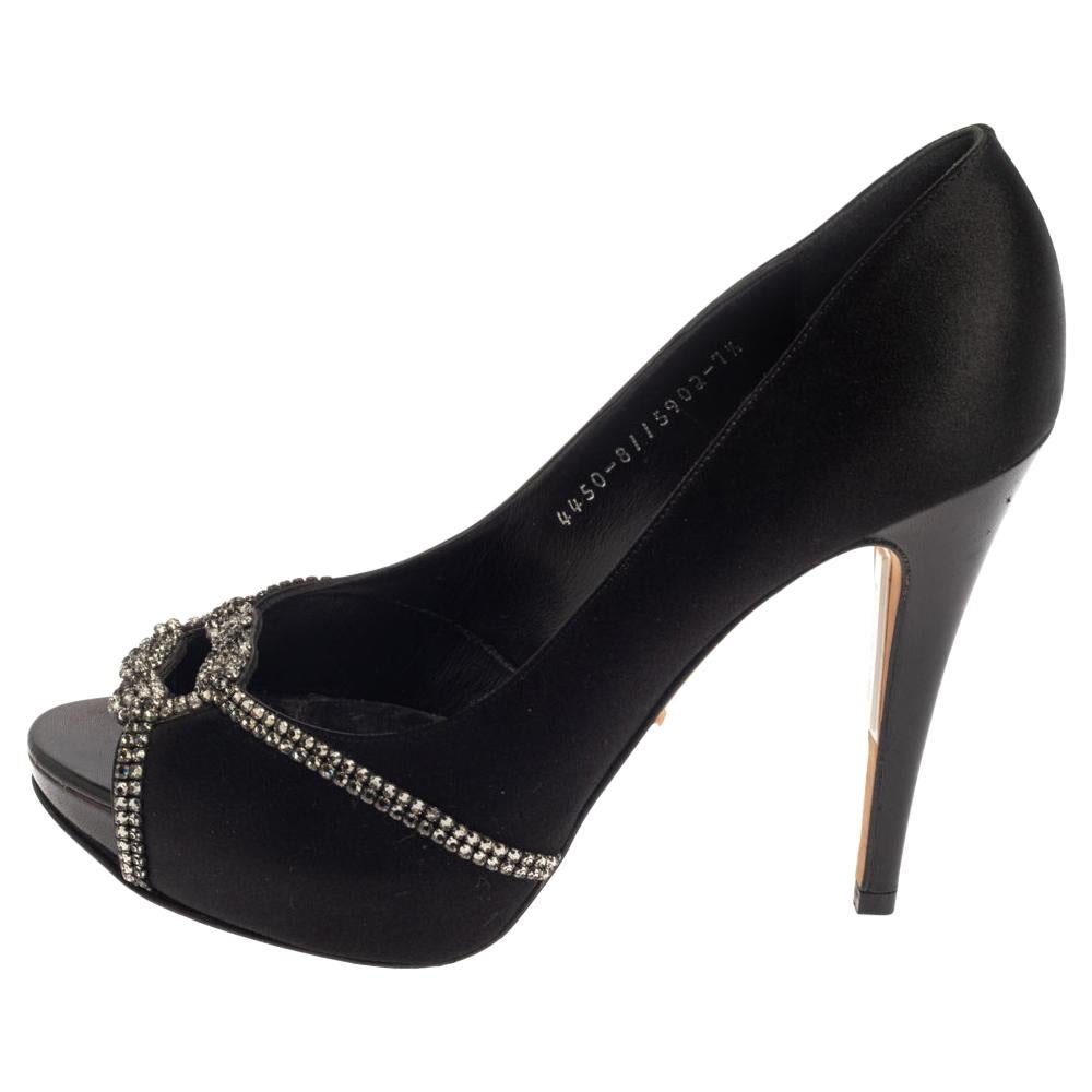 Gina Black Satin Crystal Embellished Platform Peep Toe Pumps Size 40.5 For Sale