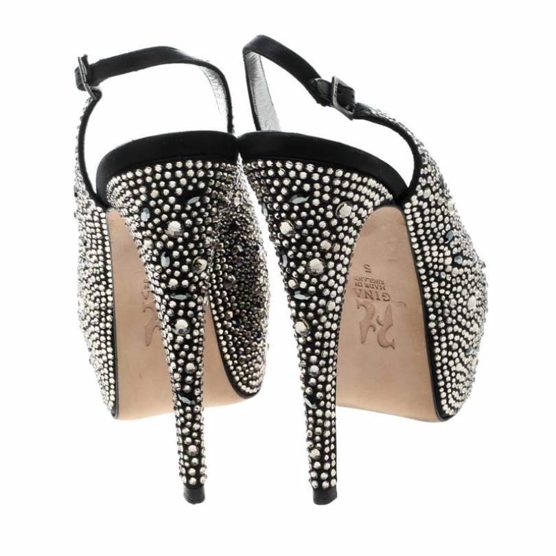 Gina Black Satin Crystal Embellished Platform Peep Toe Slingback Sandals Size 38 In Good Condition In Dubai, Al Qouz 2