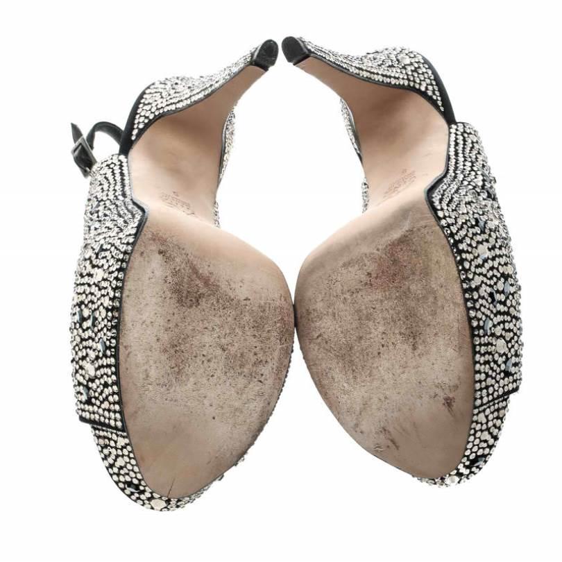 Women's Gina Black Satin Crystal Embellished Platform Peep Toe Slingback Sandals Size 38