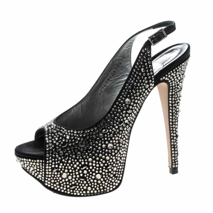 Gina Black Satin Crystal Embellished Platform Peep Toe Slingback Sandals Size 38 1