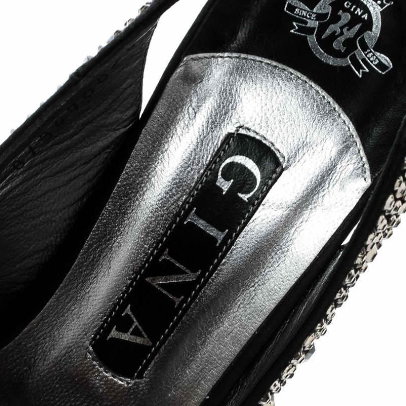 Gina Black Satin Crystal Embellished Platform Peep Toe Slingback Sandals Size 38 2