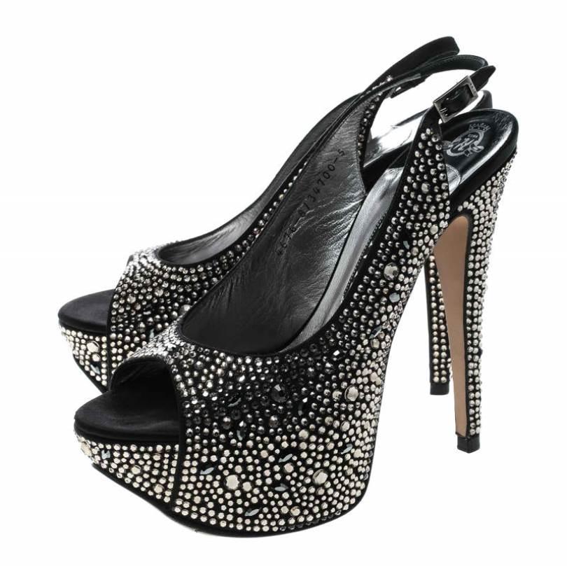 Gina Black Satin Crystal Embellished Platform Peep Toe Slingback Sandals Size 38 3