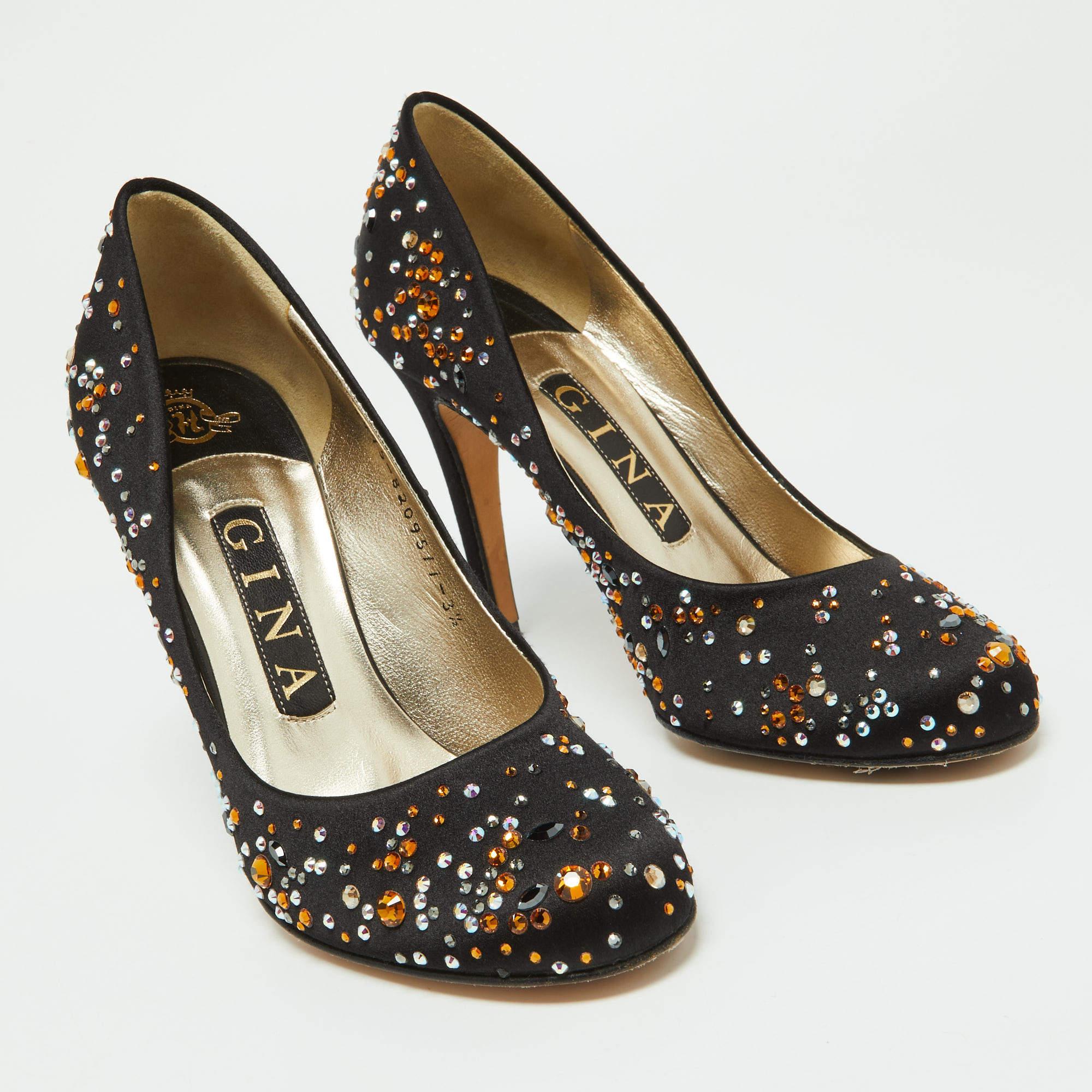 Women's Gina Black Satin Crystal Embellished Pumps Size 36.5 For Sale