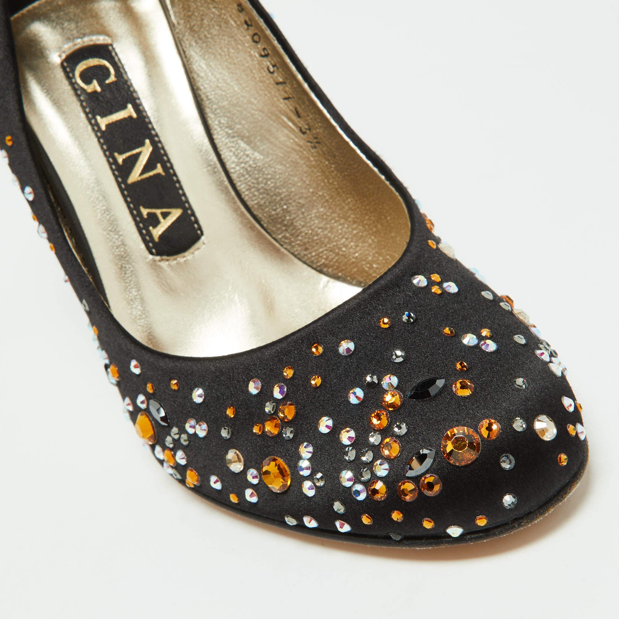 Gina Black Satin Crystal Embellished Pumps Size 36.5 For Sale 3