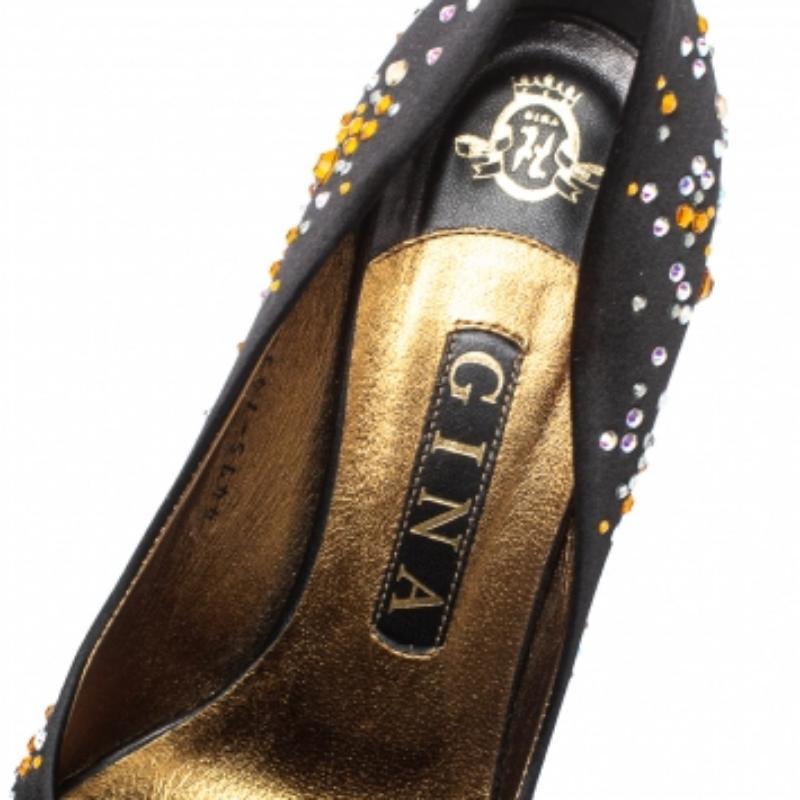 Gina Black Satin Crystal Embellished Pumps Size 38 For Sale 1