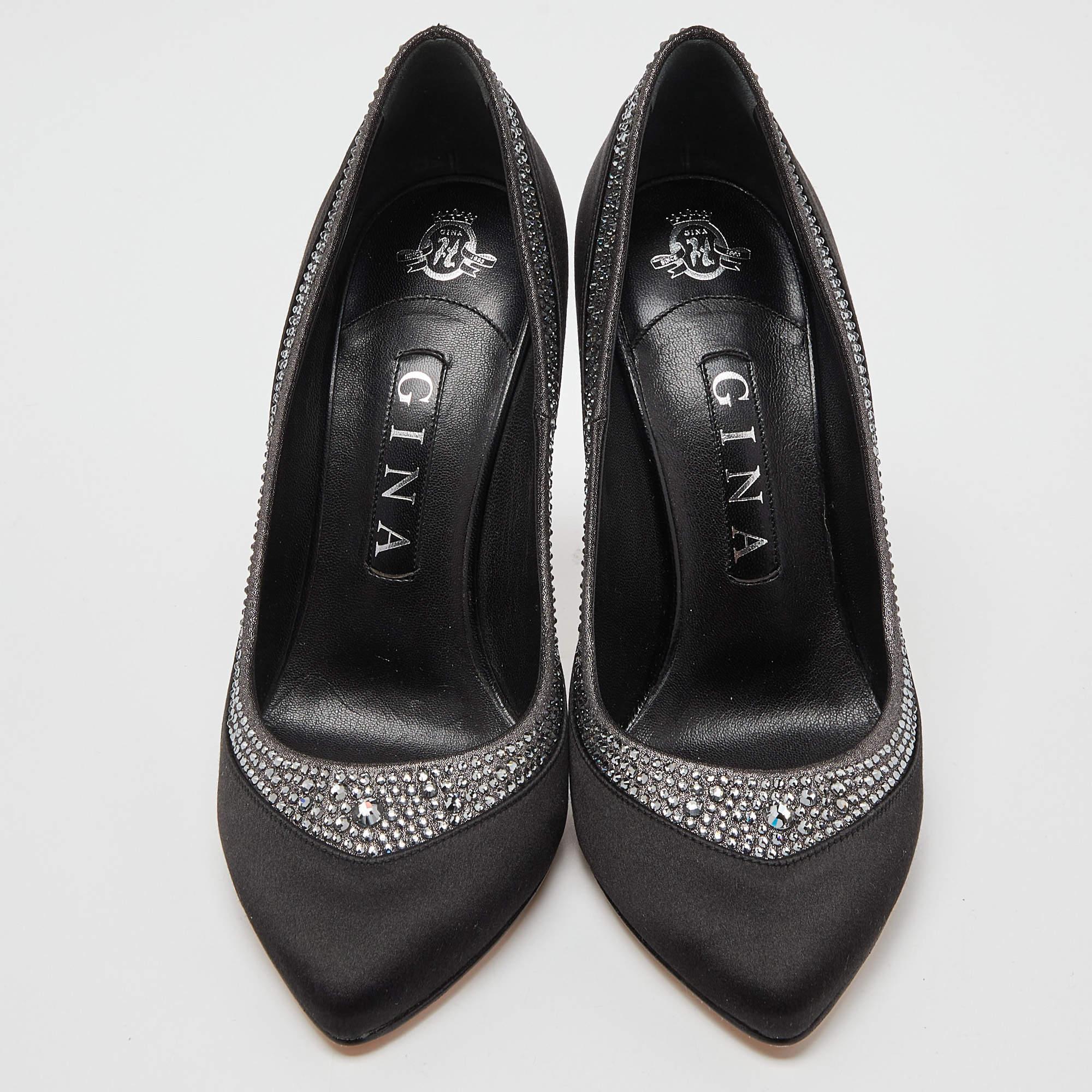 Gina Black Satin Crystal Embellished Renee Pumps Size 38.5 In New Condition In Dubai, Al Qouz 2