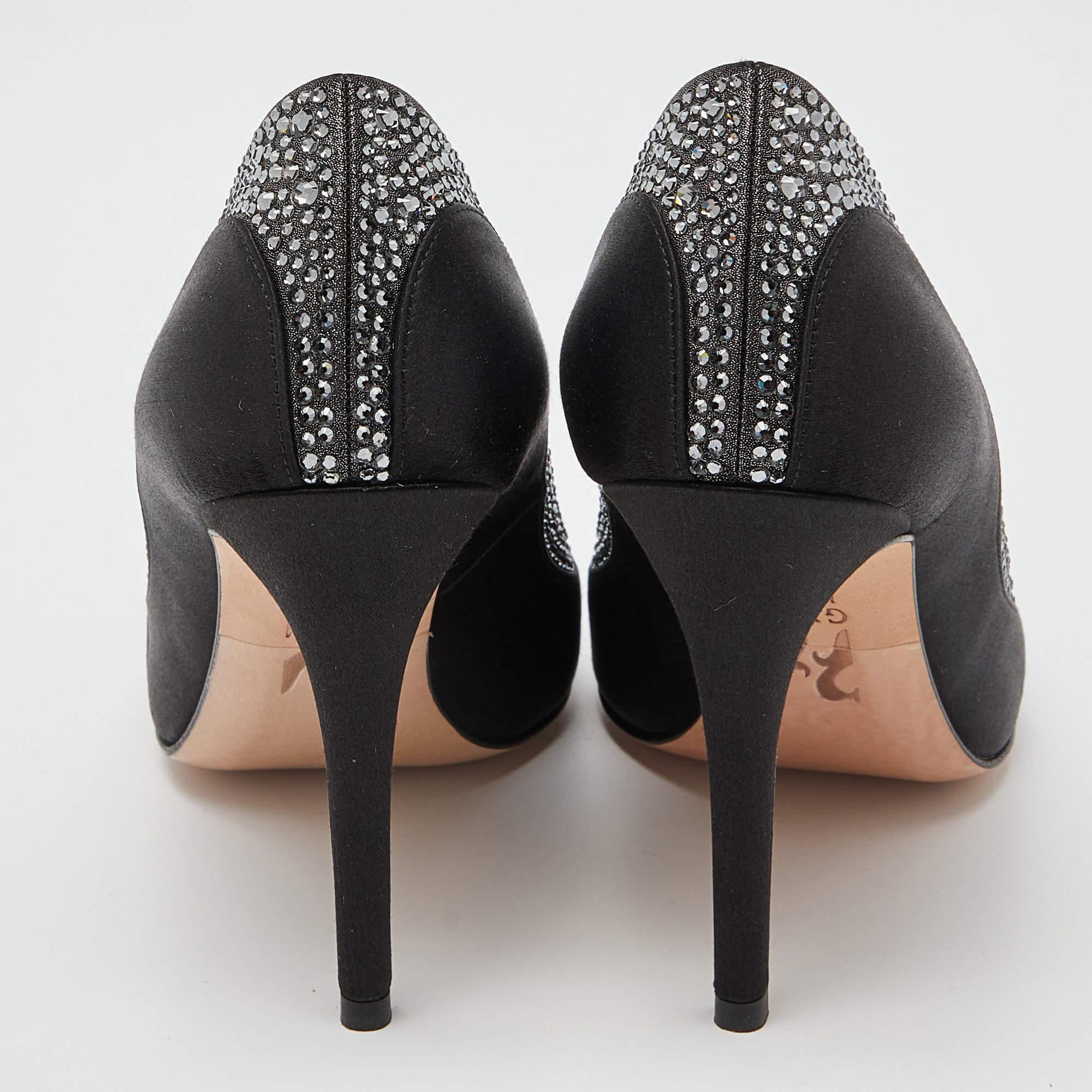 Gina Black Satin Crystal Embellished Renee Pumps Size 38.5 2