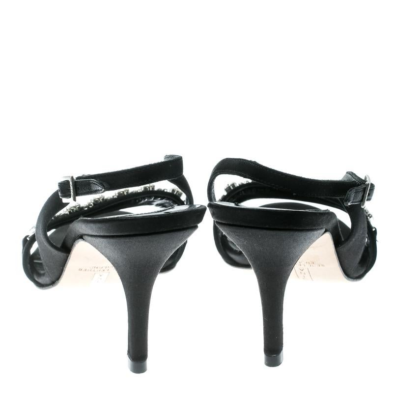Gina Black Satin Crystal Embellished Slingback Sandals Size 37 In Excellent Condition For Sale In Dubai, Al Qouz 2
