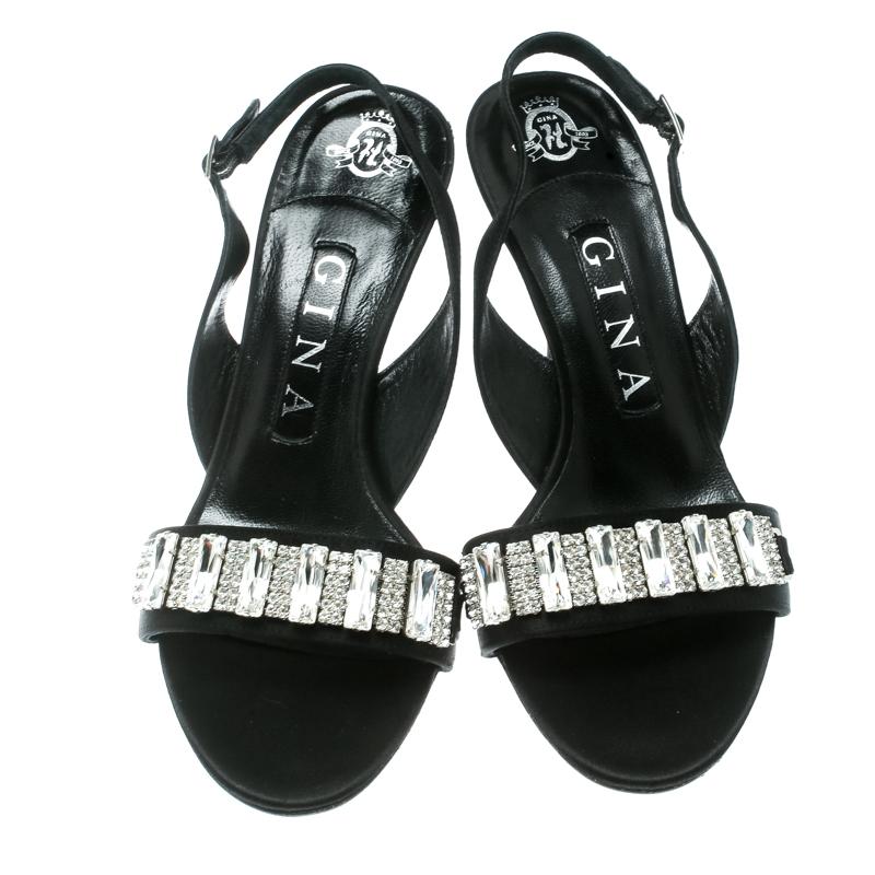 Gina Black Satin Crystal Embellished Slingback Sandals Size 37 In Good Condition For Sale In Dubai, Al Qouz 2