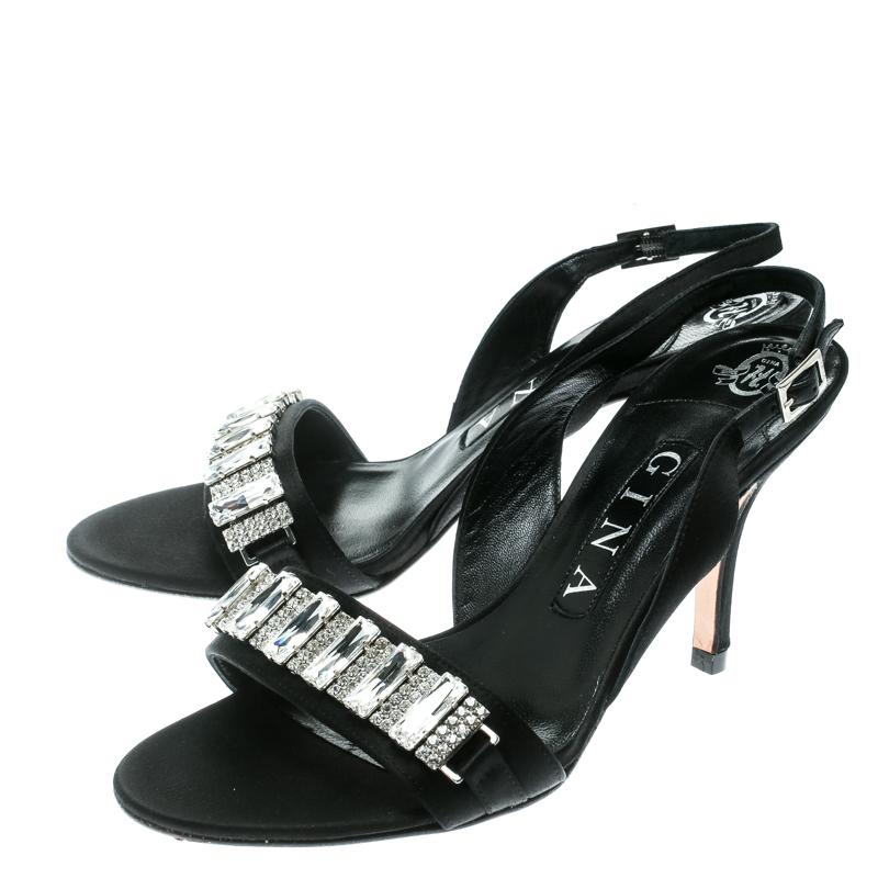 Gina Black Satin Crystal Embellished Slingback Sandals Size 37 For Sale 1