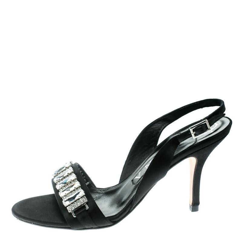 Gina Black Satin Crystal Embellished Slingback Sandals Size 37 For Sale 3