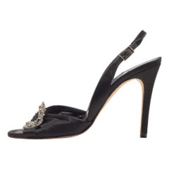 Gina Black Satin Crystal Embellished Slingback Sandals Size 38.5